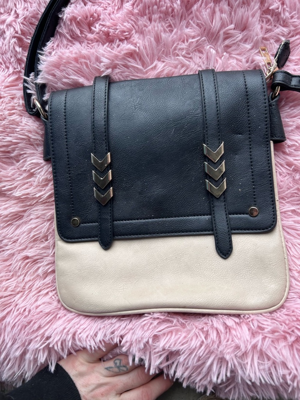 Black and Cream Two-Tone Crossbody Bag with Chevron Accents